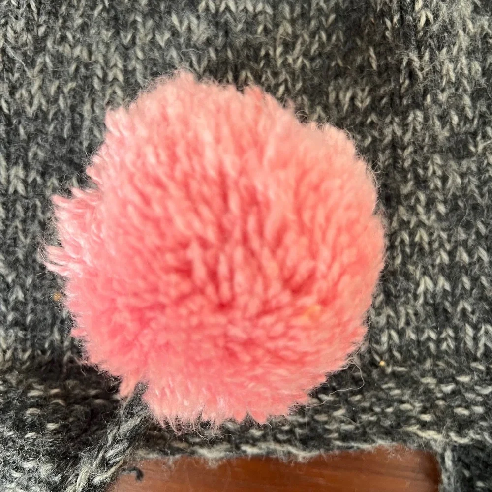 Andes Gifts Kids Cat Earflap Beanie Alpaca Blend Grey Pink Pom Pom Hat Peru